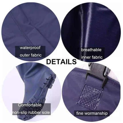 Product details of waterproof outer fabric, breathable inner fabric, comfortable non-slip rubber sole, and fine wormanship on a white background.