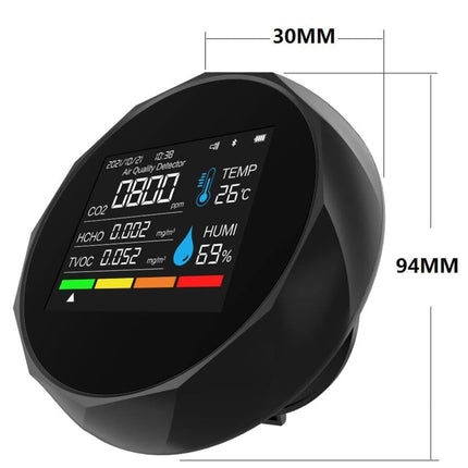 Black air quality monitor with digital display and dimensions on a white background