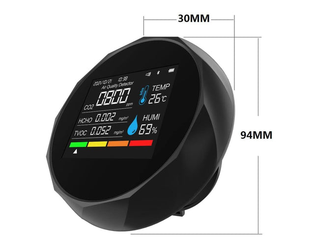 Black air quality monitor with digital display and dimensions on a white background