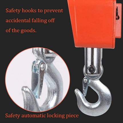 Red crane hook with safety hooks and text on a black background