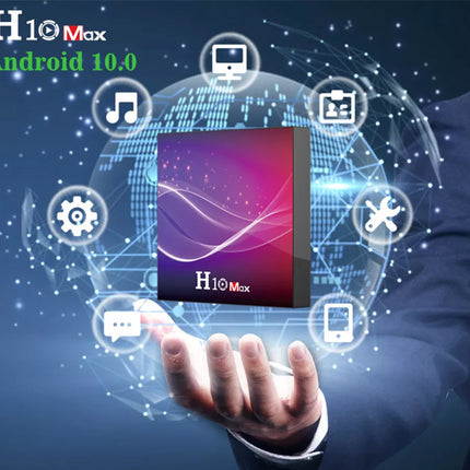 H10Max Android 10.0 device with digital interface and hand holding it against a dark blue background