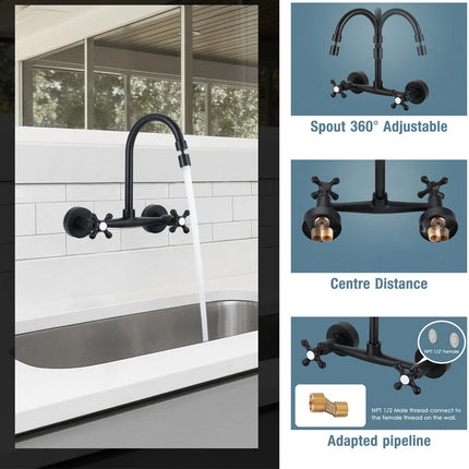 Black faucet with adjustable spout in a bathroom setting, showing features on a blue background.