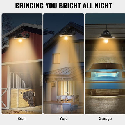 Three-panel promotional graphic showing an outdoor hanging light beaming bright illumination onto a barn gate, a house yard with dining area, and a car in a garage. Large text at top reads 'BRINGING YOU BRIGHT ALL NIGHT' and labels below read 'Bran', 'Yard', and 'Garage'.