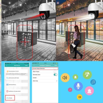 Collage of security camera surveillance in different settings with app interface on a white background.