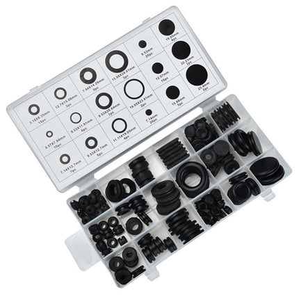 Set of black rubber grommets in a clear plastic case with measurement chart on a white background