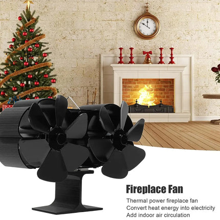 Black fireplace fan with Christmas tree and fireplace in the background