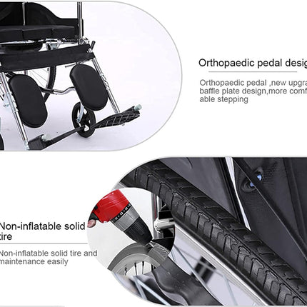 Orthopaedic pedal design and non-inflatable solid tire of a wheelchair with text on upgrades.