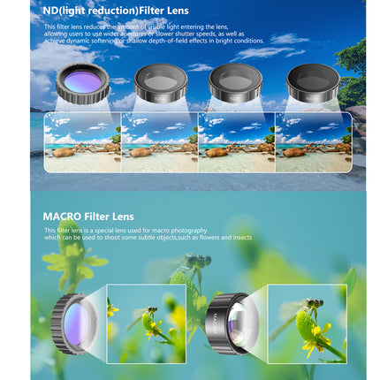 ND light reduction filter lens and macro filter lens with beach and plant background