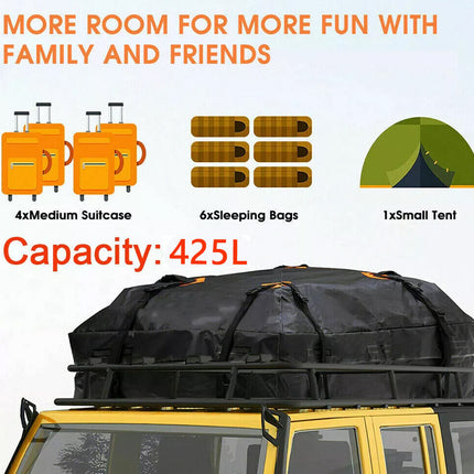 Car roof rack with luggage and camping gear, capacity 425L, text about family and friends.