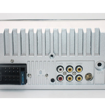 The rear view of a silver metal GPS receiver module with a ribbed heat sink, a black power connector, and multiple audio and antenna input jacks.