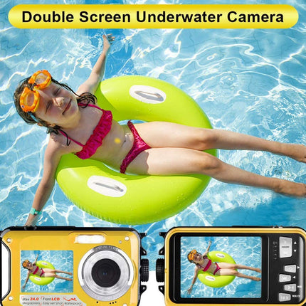 Child on a green inflatable ring with a double-screen underwater camera in the foreground.