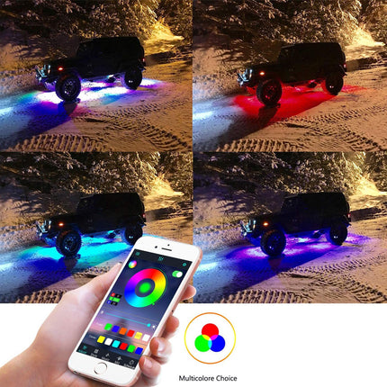 Remote-controlled car with multicolor LED lights on a snowy surface, controlled by a smartphone app.