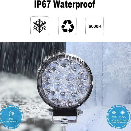 LED light with waterproof rating and temperature resistance indicators on a snowy background