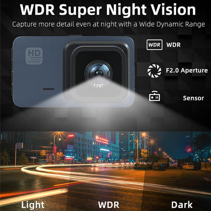 Car dashboard camera with WDR Super Night Vision feature, showing night vision capabilities.
