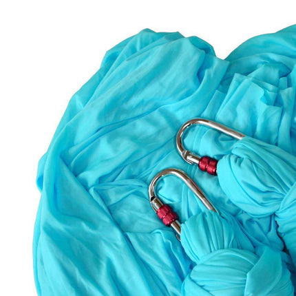 Turquoise paracord with metal carabiners on a white background