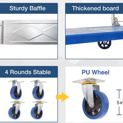 Diagram of a cart with features labeled: Sturdy Baffle, Thickened Board, 4 Rounds Stable, and PU Wheel.