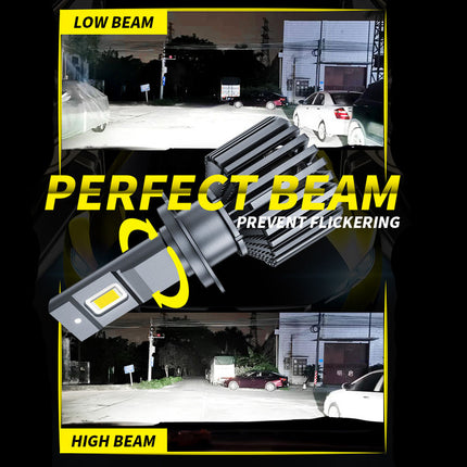 An automotive LED headlight bulb shown prominently over a collage of night-driving comparison photos labeled LOW BEAM and HIGH BEAM, with large yellow text reading PERFECT BEAM and smaller text PREVENT Flickering.