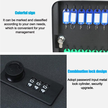 Key storage holder with colorful labels and a combination lock on a white background