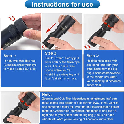 Instructions for using a telescope with step-by-step visual guide on a white background