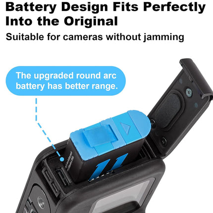 A black camera battery adapter or camera body component with an open top showing a blue and black cylindrical battery inserted. Text at the top reads 'Battery Design Fits Perfectly Into the Original' and 'Suitable for cameras without jamming,' with a blue callout bubble saying 'The upgraded round arc battery has better range.