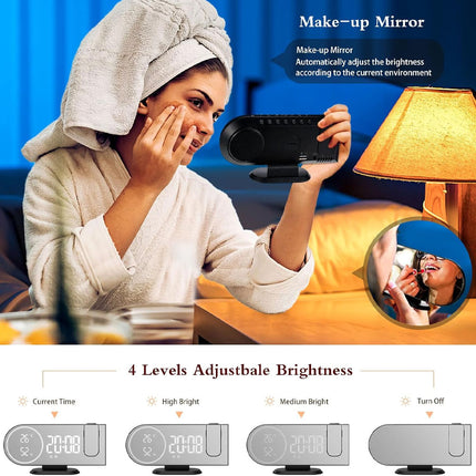 6 in 1 Digital Alarm Clock with 180° Projector FM Radio USB Charger Temperature Humidity Monitor Dual Alarm 7 Inch LED Display
