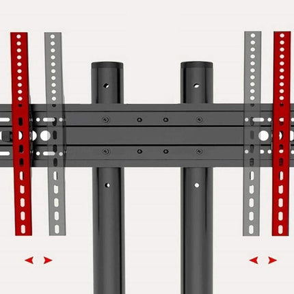 A TV wall mount bracket with two vertical black mounting posts and a horizontal bracket bar, shown on a light gray background with red and gray adjustment arms and arrow graphics indicating mounting options.