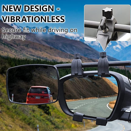 Black car side mirror adapter with a vibration-dampening mount, shown with a close-up inset of the clamp mechanism and promotional text on a mountain road background.