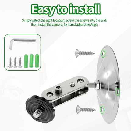 Camera mounting bracket with screws and installation instructions on a white background