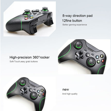 Three close-up views of a black wireless game controller with green accents on a light gray background, accompanied by text callouts highlighting features such as the 8-way direction pad, 12 fine buttons, high-precision 360-degree rockers, and soft-touch easy grab buttons.