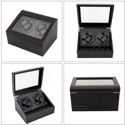 Black watch winder box with multiple compartments on a white background
