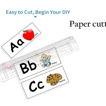 DIY paper cutter template set with alphabet letters A, B, and C, each paired with a corresponding word and small illustration (apple, baby, cookie), shown with a clear plastic guide on a white background with text reading 'Easy to Cut, Begin Your DIY' and 'Paper cutter'.