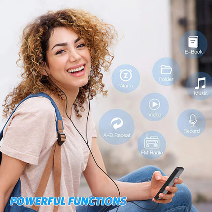 Woman with headphones and phone, surrounded by app icons on a blurred background