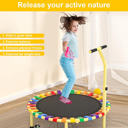 Child jumping on a colorful trampoline with text about its benefits.