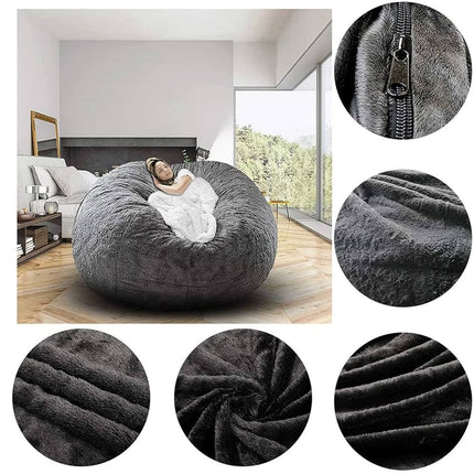 Gray bean bag chair in a room with close-up details of its texture and zipper.