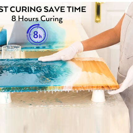 Person wearing gloves holding a resin table with text about fast curing time.