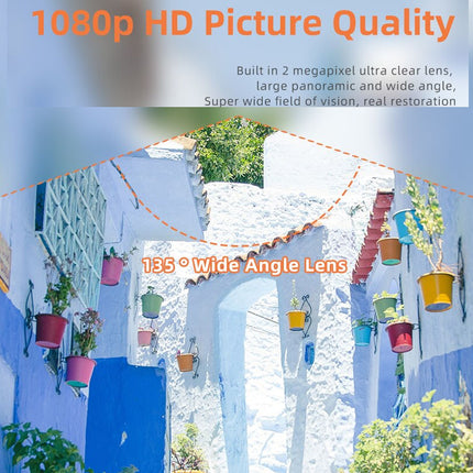 A promotional graphic for a camera lens showing a blue-and-white alley scene with text overlays reading '1080p HD Picture Quality,' 'Built in 2 megapixel ultra clear lens, large panoramic and wide angle, Super wide field of vision, real restoration,' and '135° Wide Angle Lens.' The scene includes blue walls, white arches, hanging flower pots, and greenery.