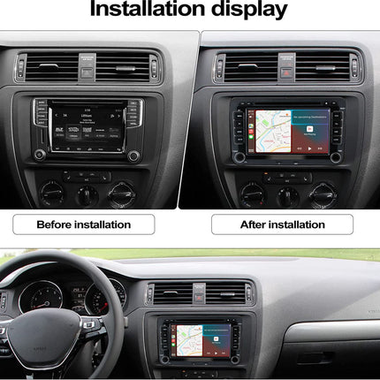 Before and after installation display of a car dashboard with navigation system.