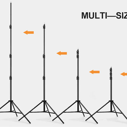 Five black multi-size studio light stands of varying heights arranged from tallest to shortest on a light gray background, with orange arrows indicating size options and the text 'MULTI-SIZE' in the top right.
