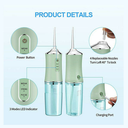Product details of a dental water flosser with features highlighted on a light blue background.