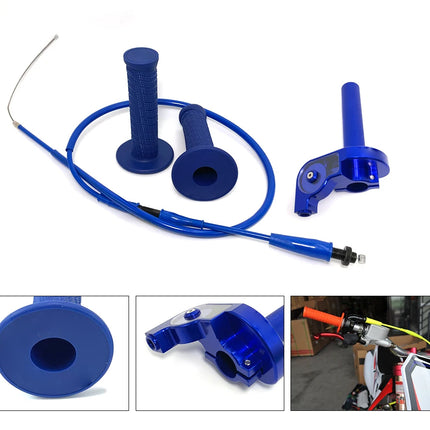 Blue motorcycle handlebar grips and controls on a white background