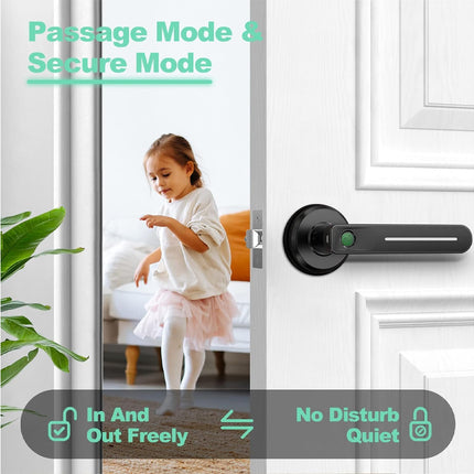 A close-up of a modern black electronic door lock on a white door, with overlaid text reading 'Passage Mode & Secure Mode' and feature callouts 'In And Out Freely' and 'No Disturb Quiet'. A child is visible through the open door in the background.