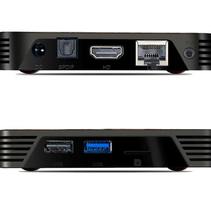 Black mini PC or desktop computer shown from the rear, displaying various ports including USB, HDMI, SPIDE, Ethernet, and audio jacks, with two views stacked vertically on a white background.