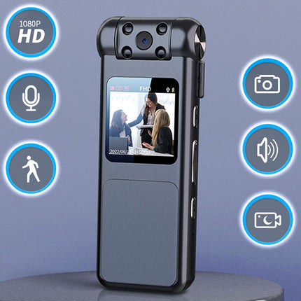 Black portable device with a screen displaying a video call, surrounded by icons on a blue background