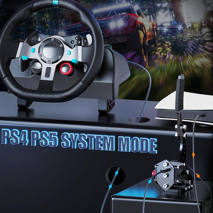 Gaming steering wheel and console with 'PS4 PS5 SYSTEM MODE' text, connected to a monitor displaying a racing game.