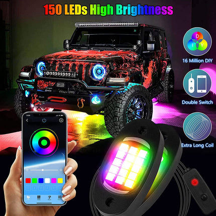 LED light bar with smartphone control and product features displayed on a dark background
