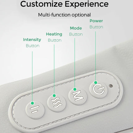 Control panel with buttons labeled for power, mode, intensity, and heating on a gray background.