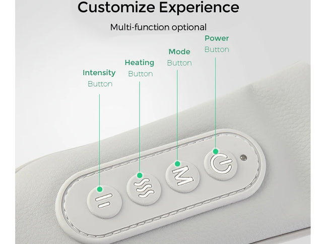 Control panel with buttons labeled for power, mode, intensity, and heating on a gray background.