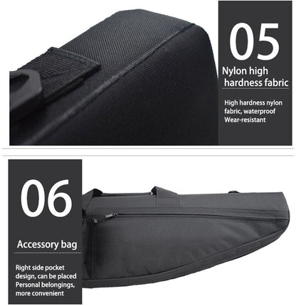 Black accessory bag with high hardness fabric and right side pocket design on a white background.