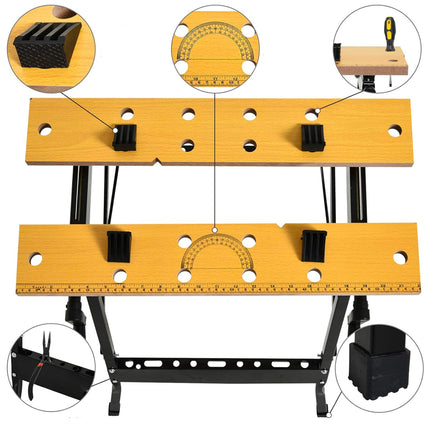 Wooden workbench with adjustable legs and clamps on a white background