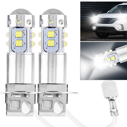Two car LED bulbs with a car's headlight on and close-up of the bulb in use.